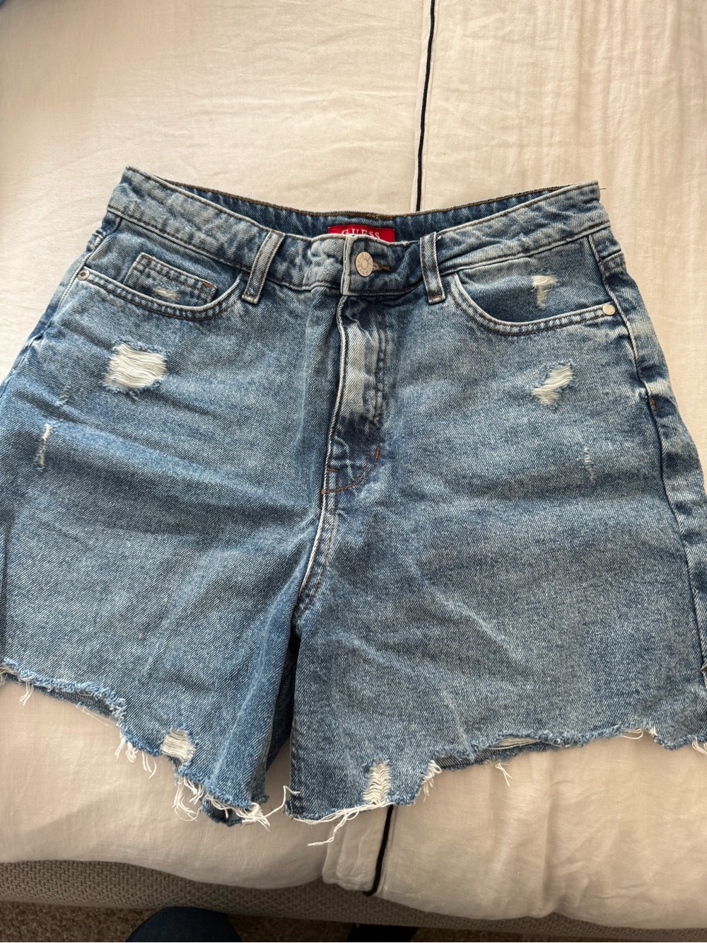 Guess Distressed High-Rise Denim Shorts — Light Blue